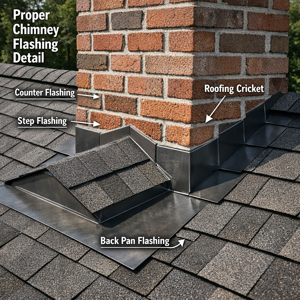 Properly installed step flashing and counter flashing for roof repair around chimney, with roofing cricket visible on upslope
