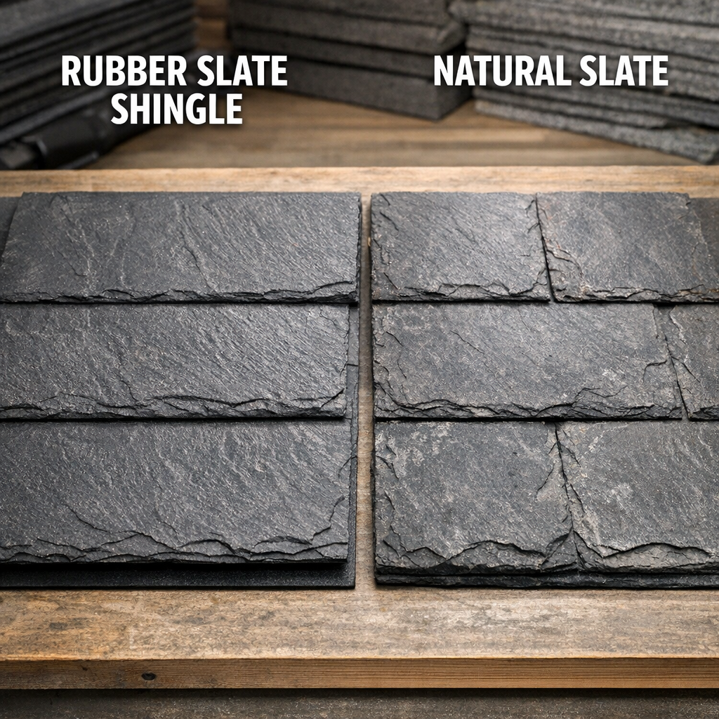 Rubber shingle roofing panel beside genuine slate showing near-identical texture and subtle material differences.
