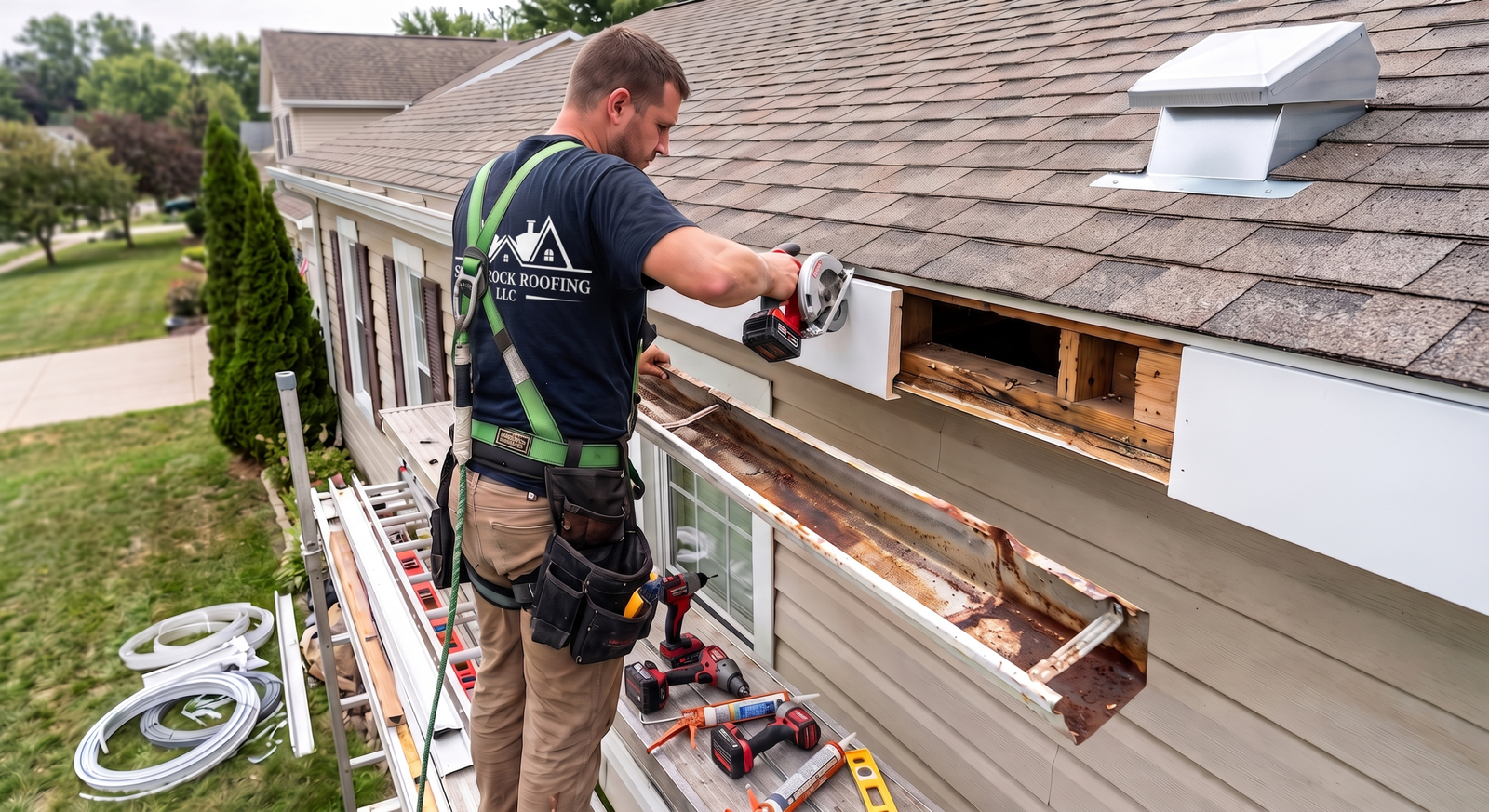 A roofer on a ladder replacing a rotten fascia board and sagging, failing aluminum gutters.
