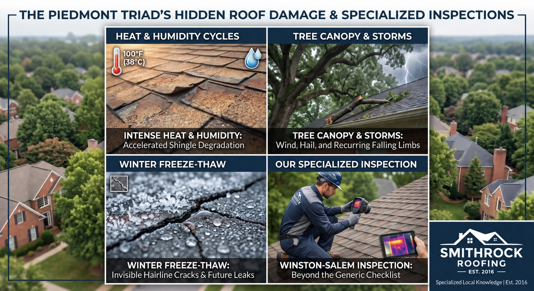 A composite, four-panel photorealistic image illustrating unique roofing challenges in the Piedmont Triad. The panels detail how intense heat and humidity accelerate granule loss, the recurring damage from falling limbs and storms due to the Winston-Salem tree canopy, winter freeze-thaw cycles that create hairline cracks and future leaks, and a professional Smithrock Roofing inspector using infrared thermal imaging for a specialized inspection that finds damage generic checklists miss. The accurate white Smithrock Roofing logo with 'EST. 2016' is prominent.