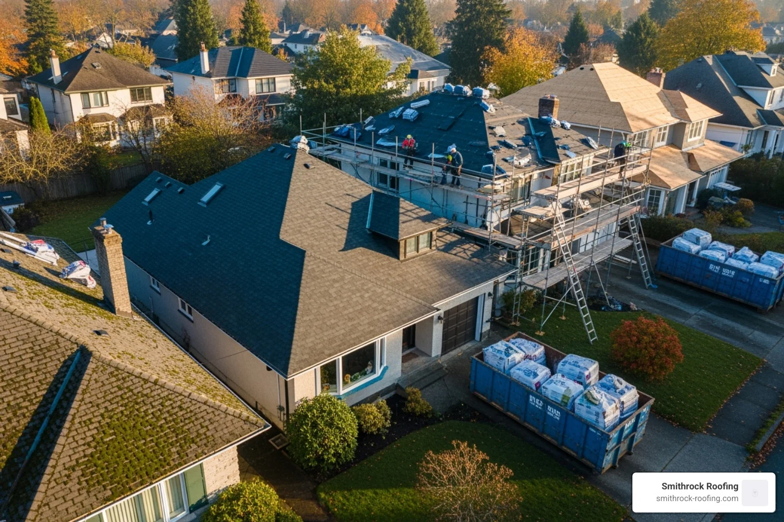 A roofing contractor using a measuring tape on a roof to calculate its size. - roof replacement cost 2025 A roofing contractor using a measuring tape on a roof to calculate its size. - roof replacement cost 2025