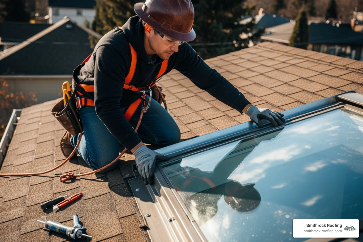 A roofer inspecting the flashing around a skylight - common skylight leaks A roofer inspecting the flashing around a skylight - common skylight leaks
