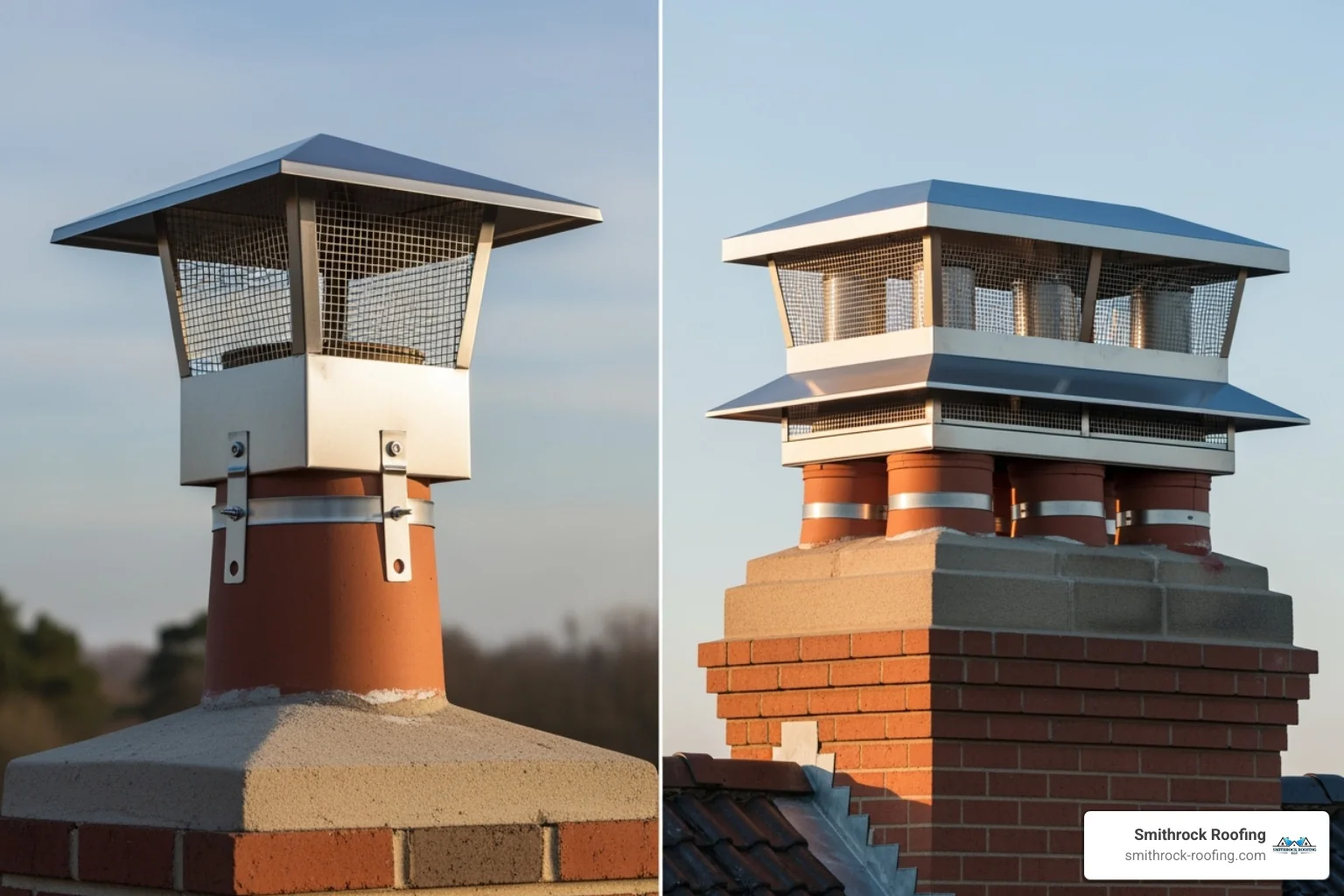 comparing a single-flue cap on one tile vs. a multi-flue cap covering the entire chimney crown - cap for fireplace comparing a single-flue cap on one tile vs. a multi-flue cap covering the entire chimney crown - cap for fireplace