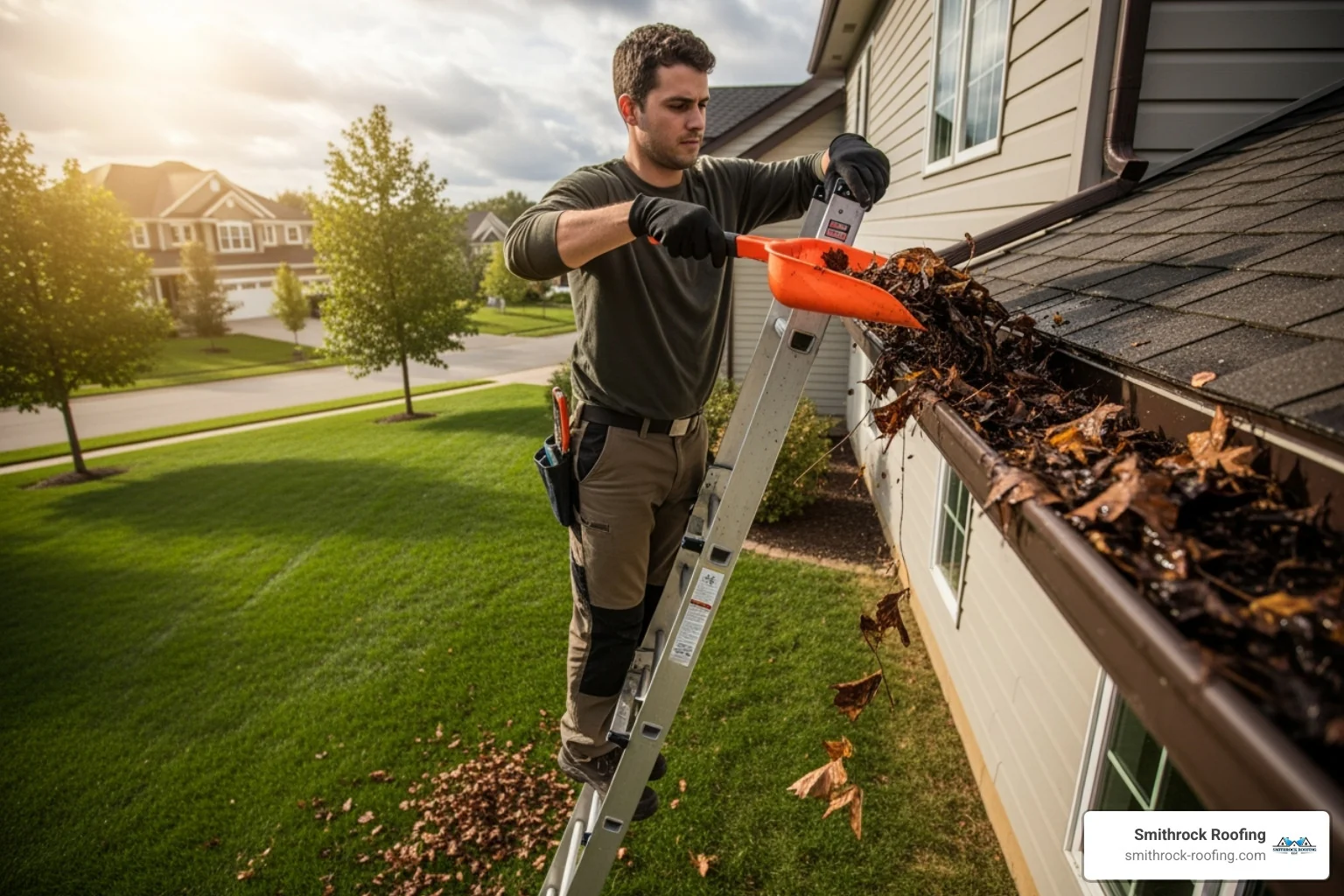 A person safely cleaning leaves from a gutter using gloves and a gutter scoop, with a stable ladder positioned against the house. - exterior gutters Person safely cleaning leaves from exterior gutters using gloves and a scoop on a stable ladder.