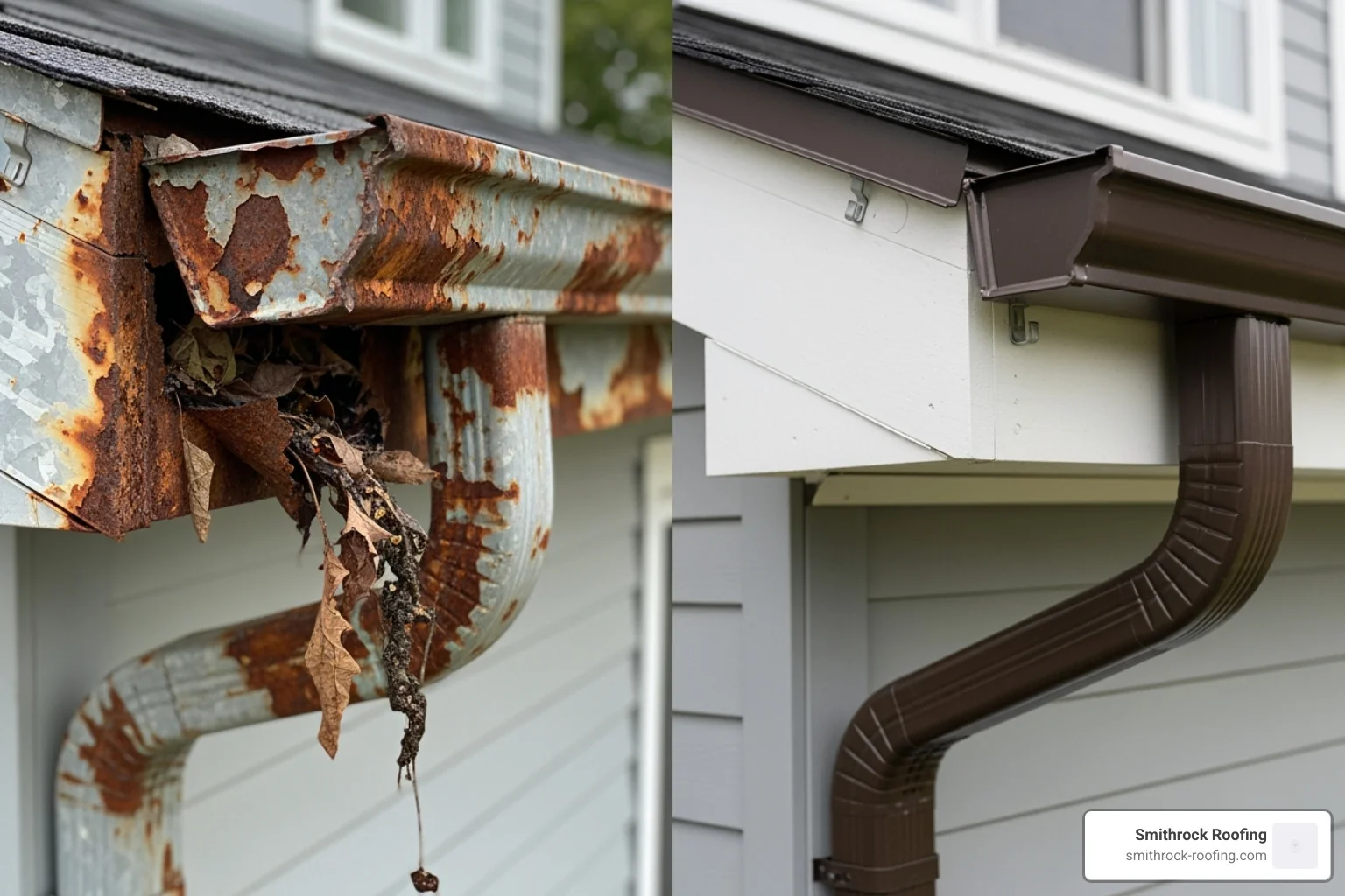 side-by-side comparison of a severely damaged, rusty gutter and a brand new, installed gutter - gutter repair near me side-by-side comparison of a severely damaged, rusty gutter and a brand new, installed gutter - gutter repair near me