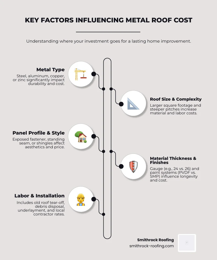 Infographic outlining key factors influencing metal roof cost, including metal type, size, pitch, gauge, finishes, and labor.