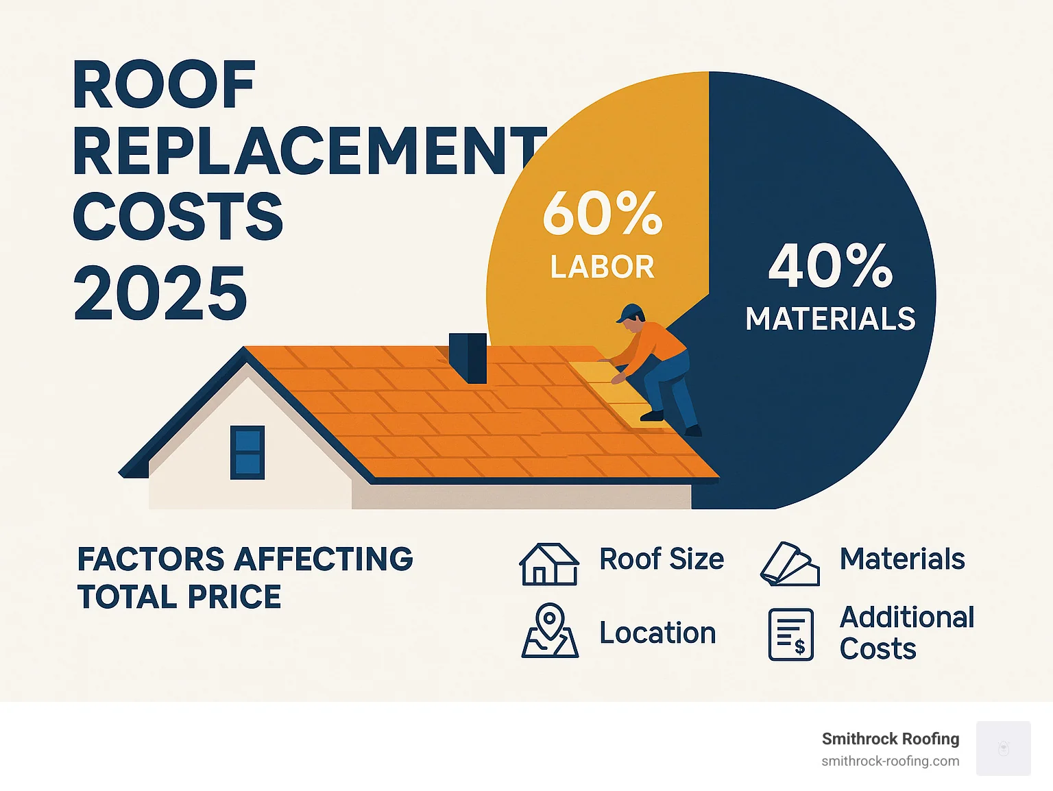 Roof replacement costs infographic breaking down 60% labor, 40% materials, plus factors like size, pitch, and location.
