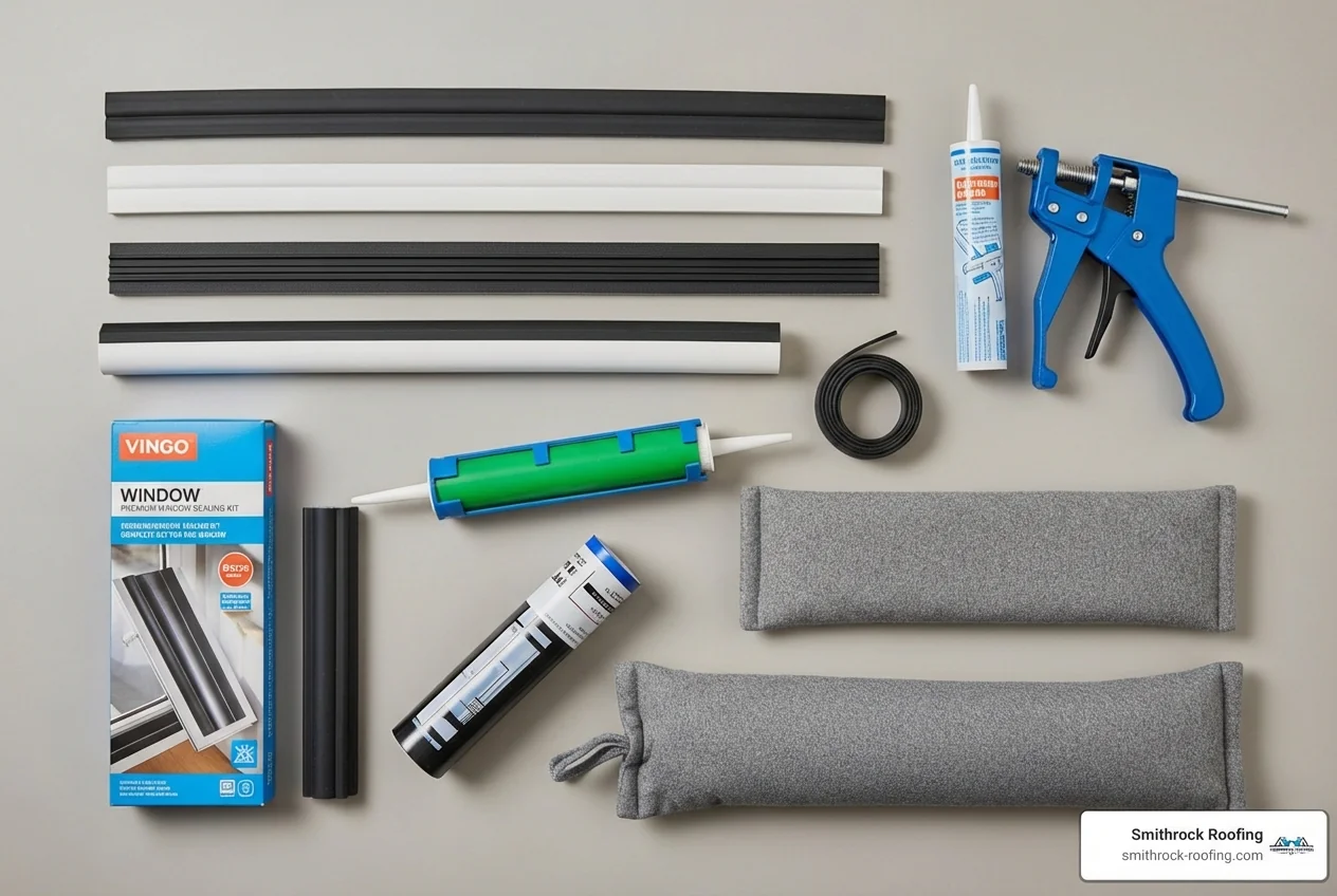A collection of DIY window insulation materials: various types of weatherstripping, a caulk gun, a window film kit, and a fabric draft stopper - insulate drafty windows DIY materials to insulate drafty windows: weatherstripping, caulk gun, window film kit, and fabric draft stopper