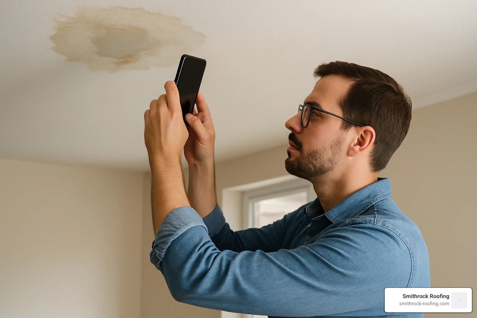 Homeowner safely taking photos of ceiling water damage from inside the house - emergency roofer