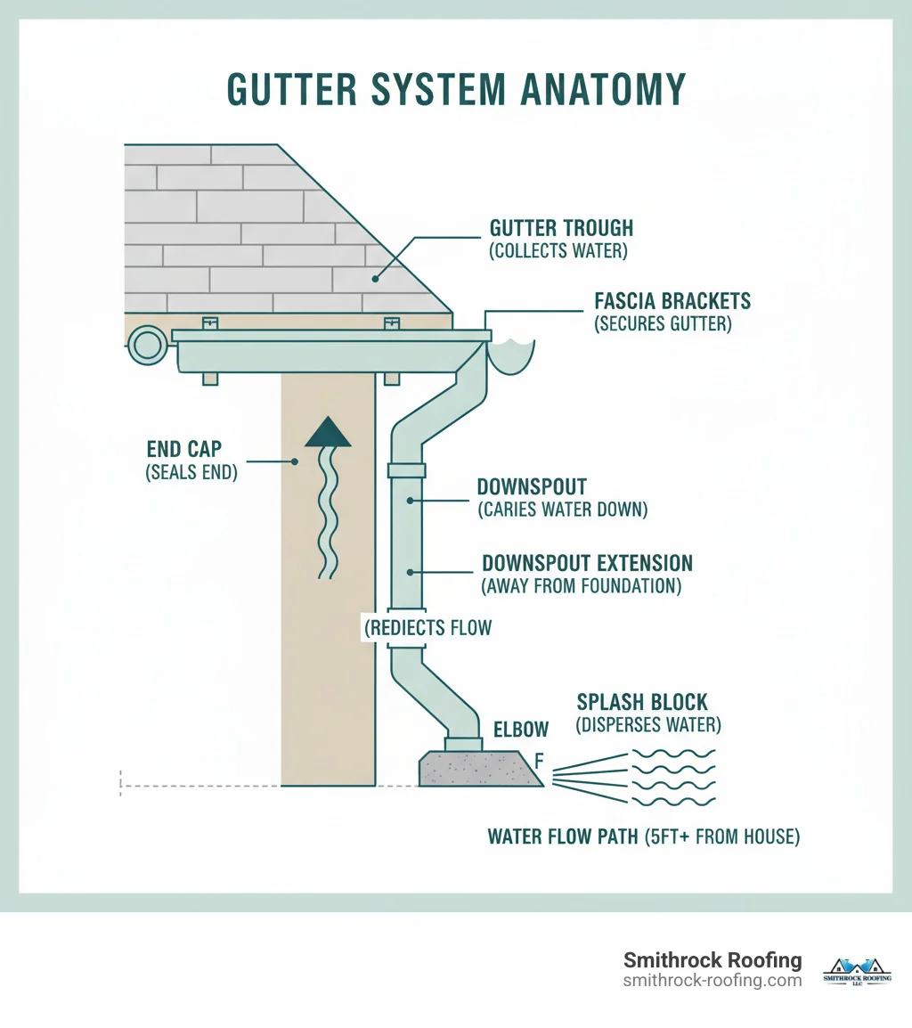 Infographic showing the complete anatomy of a gutter system, from roof edge to ground, including labeled components: gutter trough collecting water at the roof edge, fascia brackets securing the gutter to the house, end caps sealing the gutter ends, downspouts carrying water vertically down the wall, elbows redirecting water flow at corners, downspout extensions directing water away from the foundation, and splash blocks dispersing water onto the ground at least 5 feet from the house. Arrows show the water flow path from roof to safe drainage area. - exterior gutters infographic Exterior gutter system anatomy infographic showing water flow from roof trough through downspouts, elbows, and splash blocks