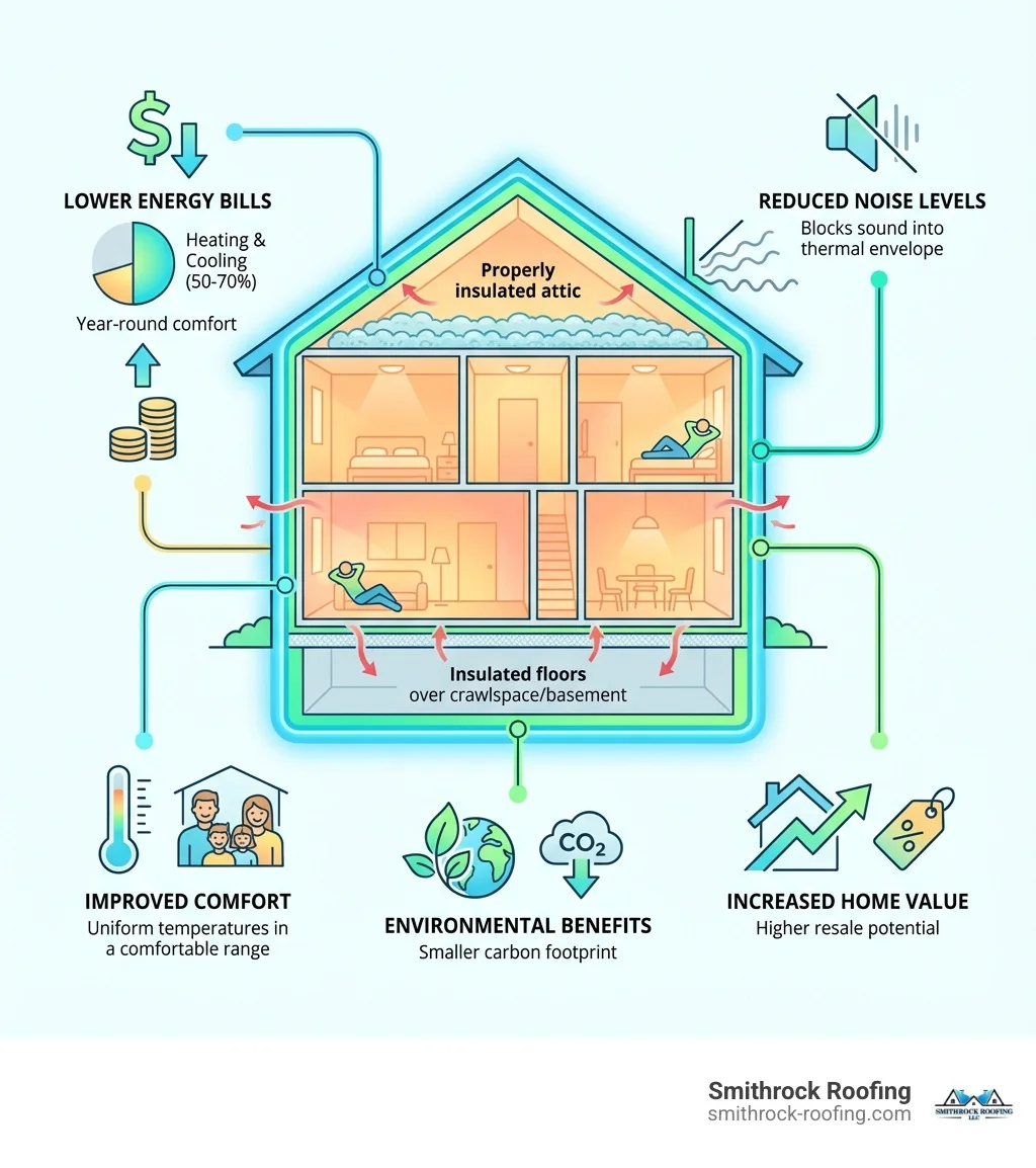 Infographic showing the primary benefits of better home insulation: a house diagram with callouts indicating lower energy bills (showing heating and cooling account for 50-70% of energy use), improved year-round comfort (depicting consistent temperatures), reduced noise levels (sound waves being blocked), increased home value (upward trending value arrow), and environmental benefits (reduced carbon footprint icon). The diagram includes a complete thermal envelope highlighting properly insulated attic, walls, floors, and sealed air gaps. - better home insulation infographic Infographic illustrating better home insulation benefits: lower energy bills, comfort, noise reduction, higher home value, an
