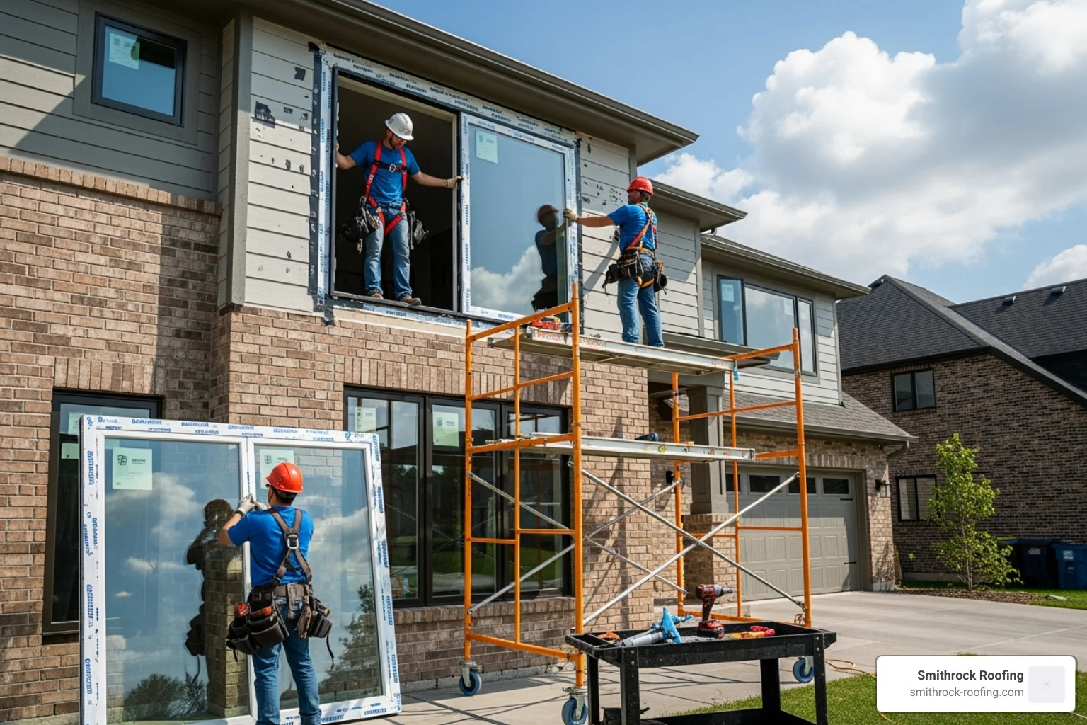 Professional window installers working on a residential home - cost to replace windows Professional window installers working on a residential home - cost to replace windows