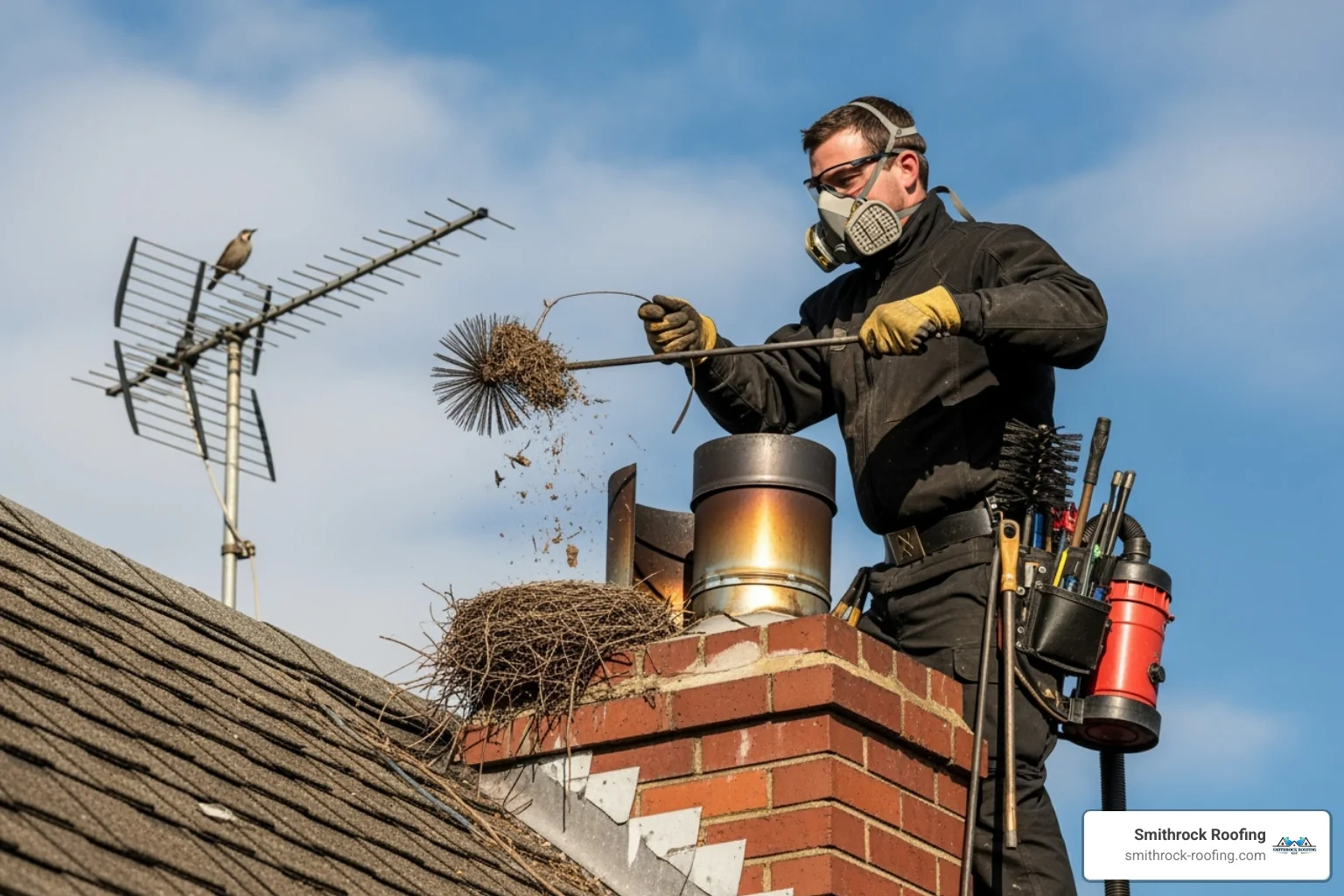 Bird's nest being removed from an uncapped chimney flue - how much does it cost for a chimney cap installation Bird's nest being removed from an uncapped chimney flue - how much does it cost for a chimney cap installation