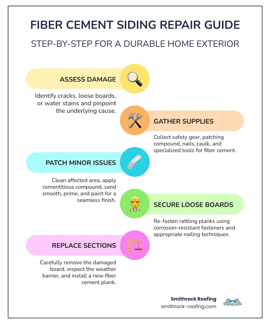 Step-by-step fiber cement siding repair infographic covering damage assessment, patching, securing boards, and replacing sect