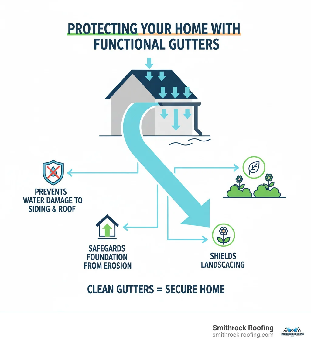 Infographic illustrating how functional gutters protect a home's key components: arrows showing water flowing from the roof into gutters and away from the foundation, siding, and landscaping, with icons representing prevention of water damage, erosion, and structural issues. - gutter repair Winston Salem infographic Infographic showing gutters directing water away from foundation and siding, preventing damage — gutter repair Winston Salem