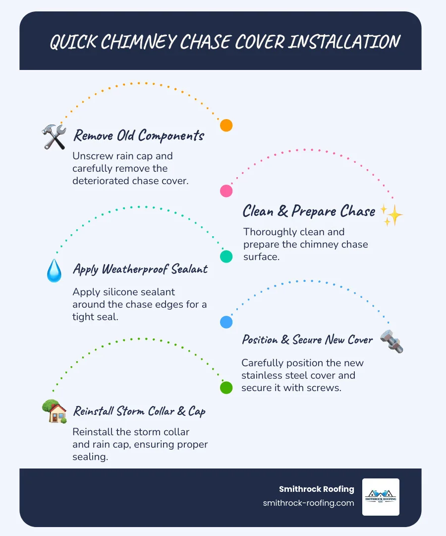 Detailed infographic showing chimney chase cover installation process with labeled components including the wooden chase structure, flue pipe, old rusted cover removal, new stainless steel cover placement, storm collar positioning, and rain cap reinstallation with step-by-step visual instructions - chimney chase cover installation infographic infographic-line-5-steps-blues-accent_colors Step-by-step chimney chase cover installation infographic showing flue pipe, storm collar, stainless steel cover, and rain ca