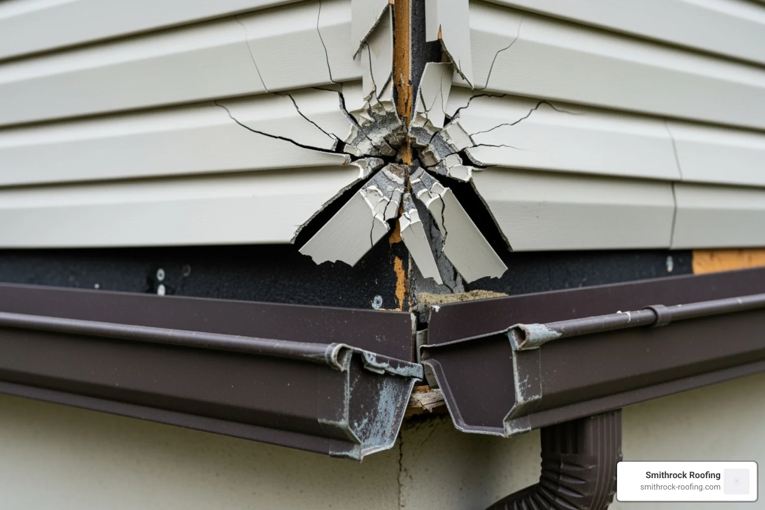 Cracked vinyl siding and a dented gutter, clearly showing damage from wind or impact - wind damage repair Cracked vinyl siding and a dented gutter, clearly showing damage from wind or impact - wind damage repair