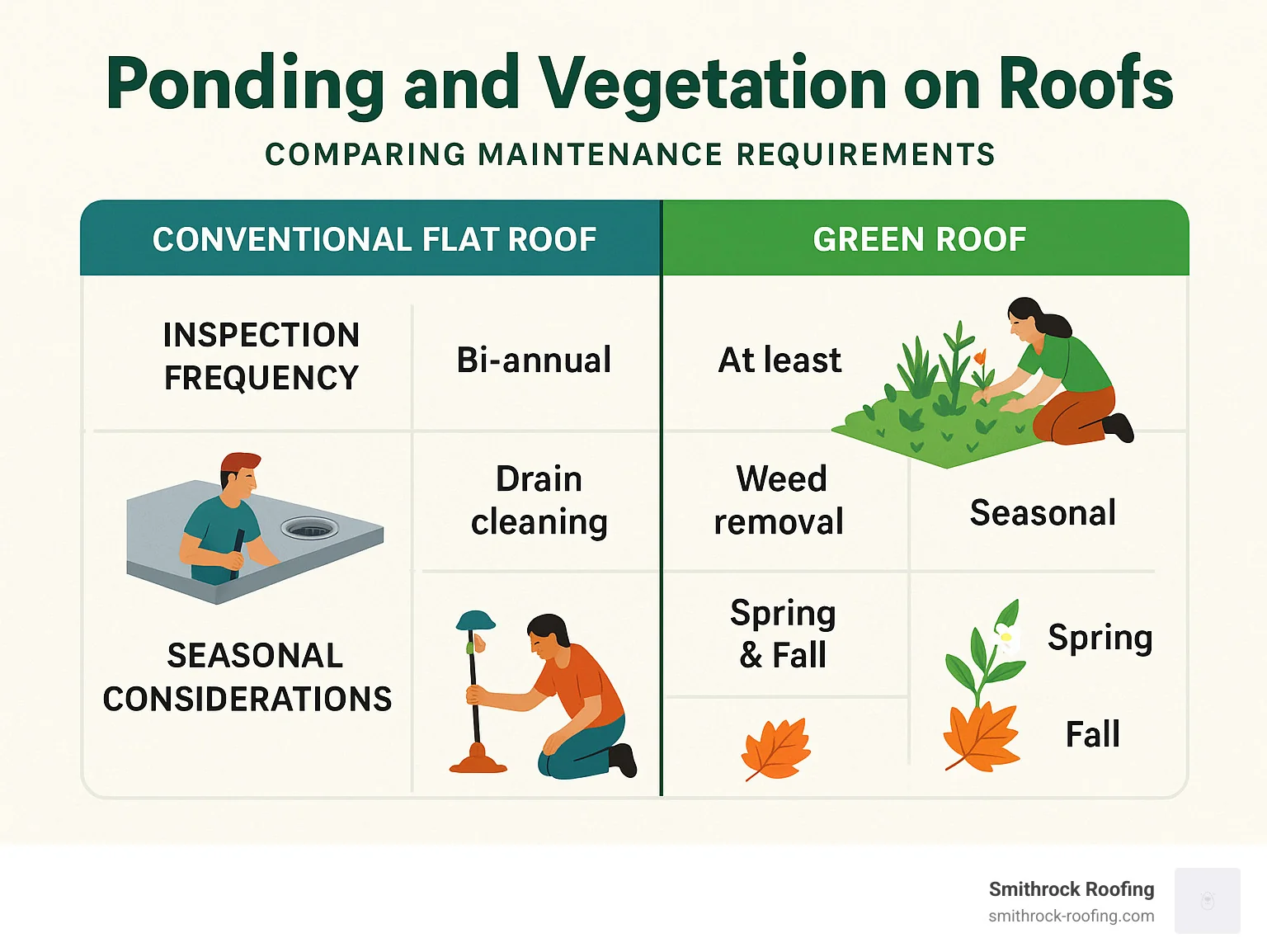 Comparison table showing maintenance requirements for conventional flat roofs versus green roofs, including frequency of inspections, types of tasks, and seasonal considerations - ponding and vegetation on roof infographic Maintenance comparison table: conventional flat roofs vs. green roofs, covering inspection frequency, tasks, and seasonal pon