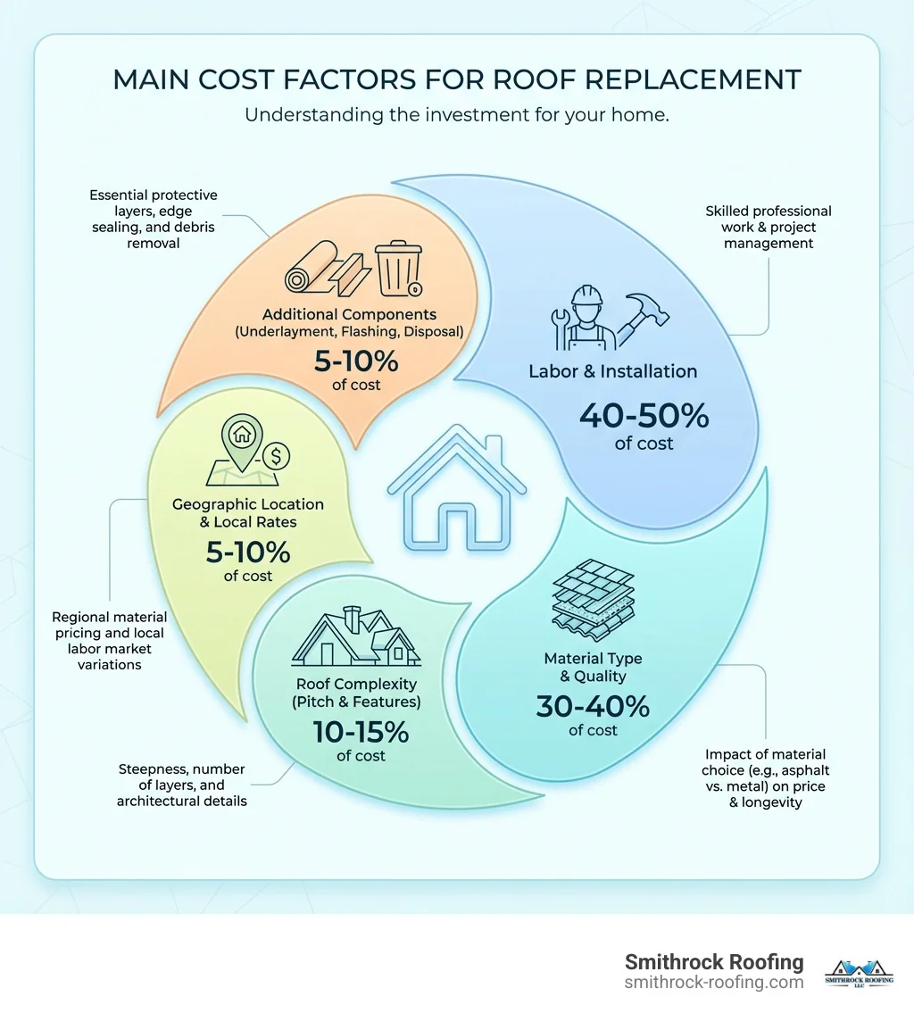 Infographic showing the main cost factors for roof replacement: material type and quality (30-40% of cost), labor and installation (40-50% of cost), roof complexity including pitch and features (10-15% of cost), geographic location and local rates (5-10% of cost), and additional components like underlayment, flashing, and disposal (5-10% of cost) - cost to replace 2500 square foot roof infographic Infographic breaking down 2500 sq ft roof replacement costs: materials, labor, complexity, location, and additional component