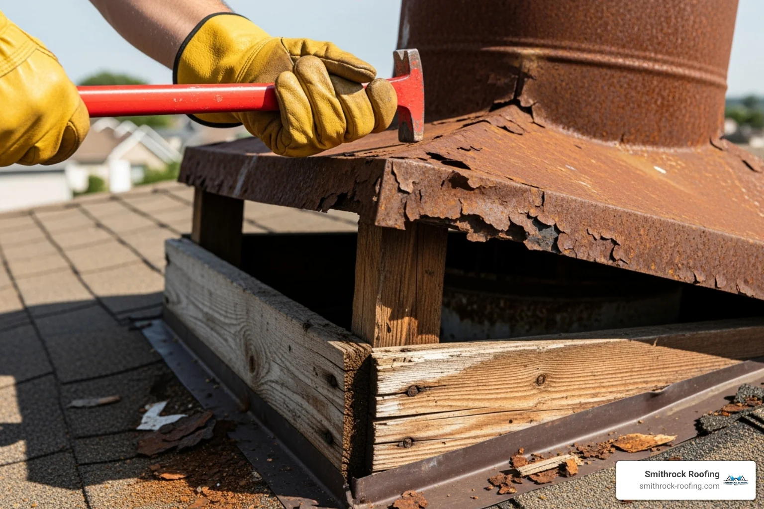The process of prying off the old, rusted chase cover, revealing the underlying chimney chase structure and demonstrating the wear and tear - chimney chase cover installation Prying off a rusted chimney chase cover during installation, exposing the worn chase structure beneath