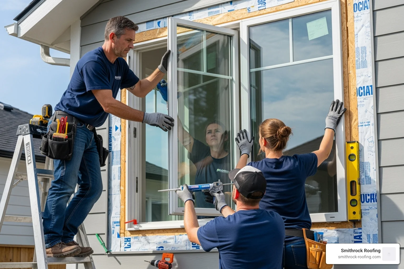 professional installation team carefully installing a new vinyl window - vinyl windows Winston Salem professional installation team carefully installing a new vinyl window - vinyl windows Winston Salem