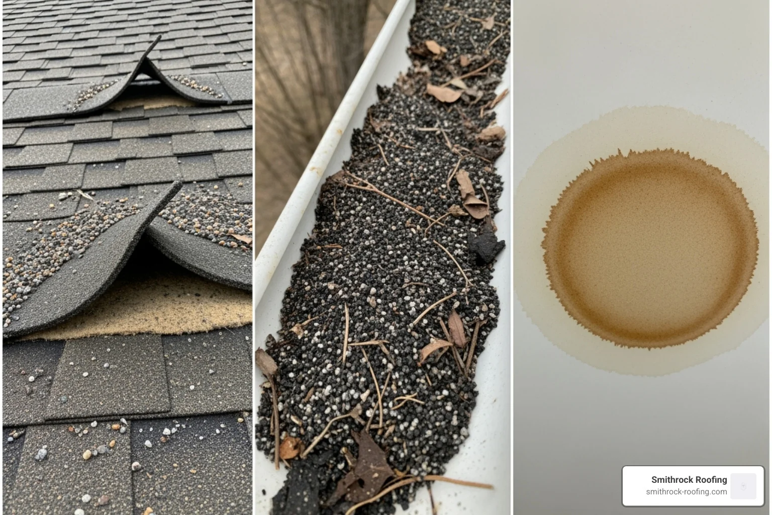 Clear signs of roof damage like curling shingles, granule loss in gutters, and a water stain on a ceiling. - roof replacement cost 2025 Clear signs of roof damage like curling shingles, granule loss in gutters, and a water stain on a ceiling. - roof replacement cost 2025