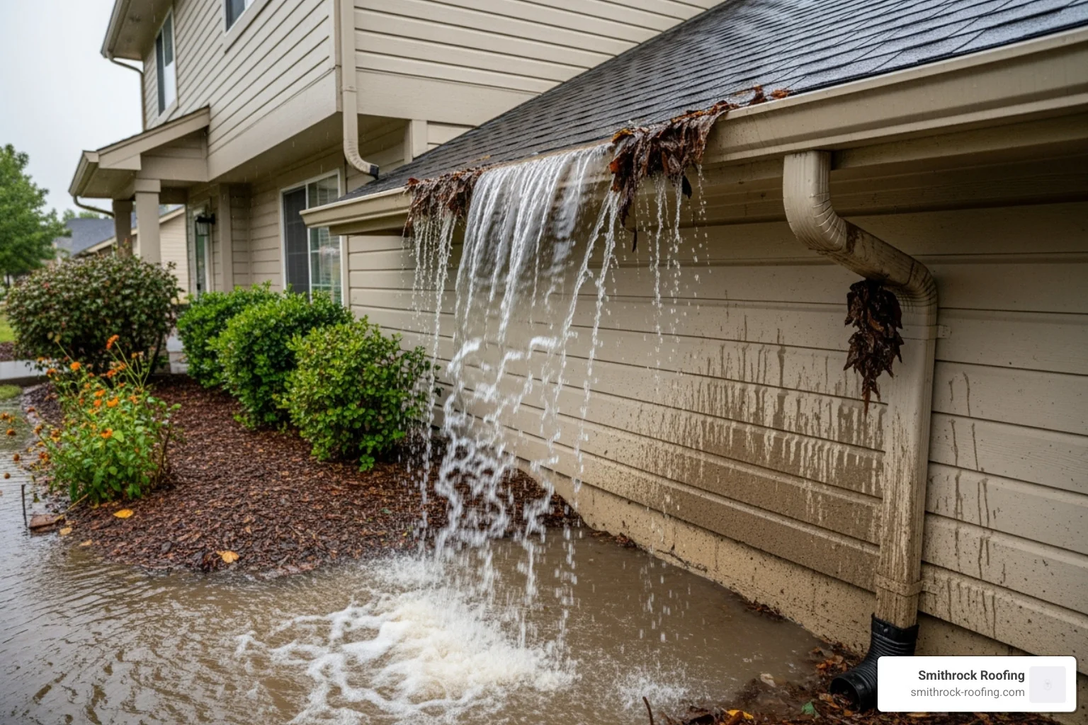water overflowing from a clogged gutter near a home's foundation - gutter installation contractor water overflowing from a clogged gutter near a home's foundation - gutter installation contractor