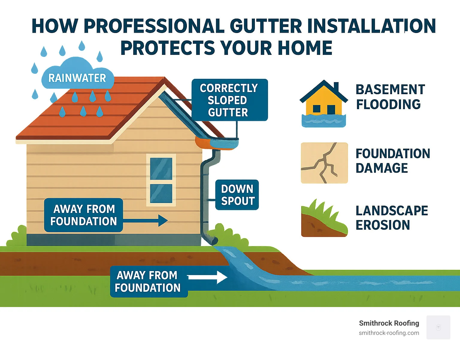 Infographic showing how professional gutter installation protects homes through proper water channeling: rainwater flows from roof into correctly sloped gutters, through downspouts, and away from foundation, preventing basement flooding, foundation damage, and landscape erosion - gutter installation service infographic Infographic showing professional gutter installation channeling rainwater from roof through downspouts, protecting foundation