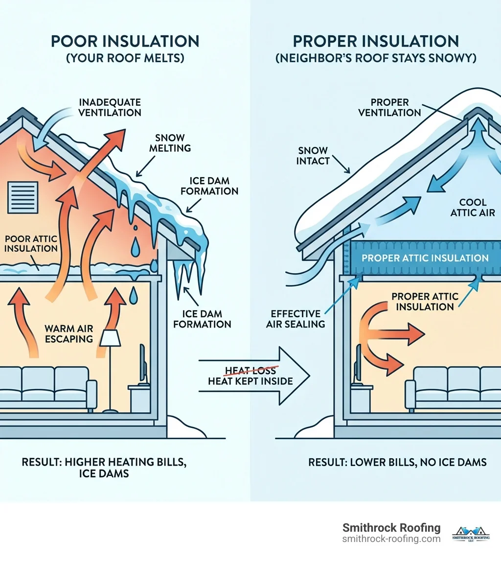 Infographic showing cross-section of two houses side by side - one with poor insulation showing heat escaping through attic causing snow to melt on roof, the other with proper insulation keeping heat inside and snow intact on roof, with arrows indicating heat flow and labels for key components like attic insulation, air leaks, ventilation, and ice dam formation - Why does snow melt on my roof? (But sticks to my neighbor's roof) infographic Infographic comparing two house cross-sections showing how poor attic insulation causes roof snow melt while proper insulatio