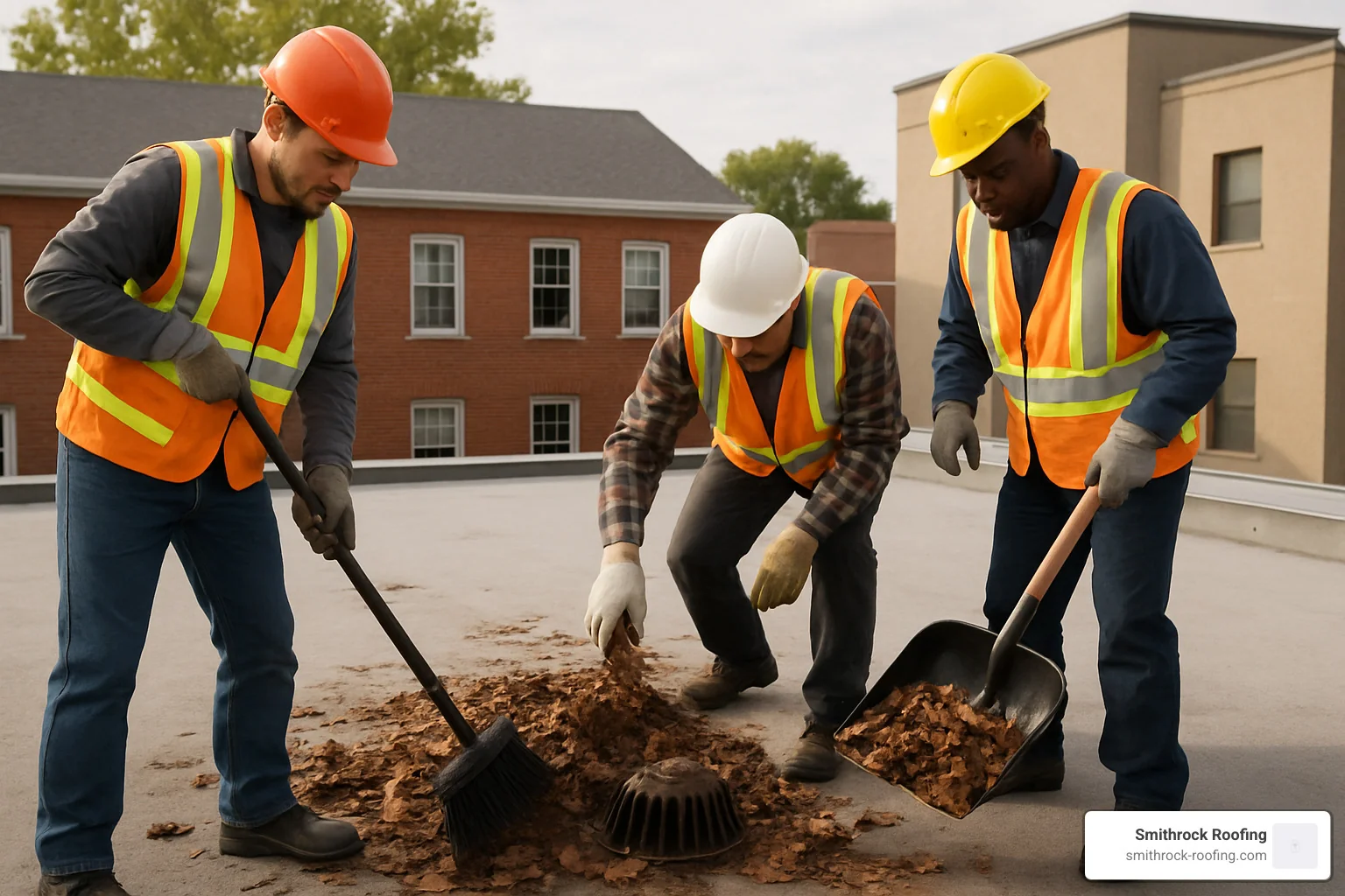 maintenance crew clearing debris from roof drain - ponding and vegetation on roof maintenance crew clearing debris from roof drain - ponding and vegetation on roof
