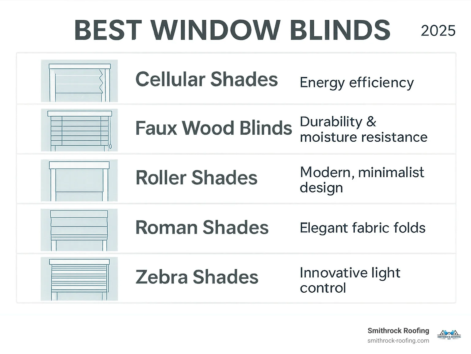 Comprehensive comparison infographic showing the top 5 types of window blinds with their key benefits: cellular shades for energy efficiency with honeycomb air pockets, faux wood blinds for durability and moisture resistance, roller shades for modern minimalist design, neat Roman shades for fabric folds, and zebra shades for innovative light control with alternating bands - best window blinds infographic Infographic comparing the 5 best window blinds: cellular, faux wood, roller, Roman, and zebra shades with key benefits.