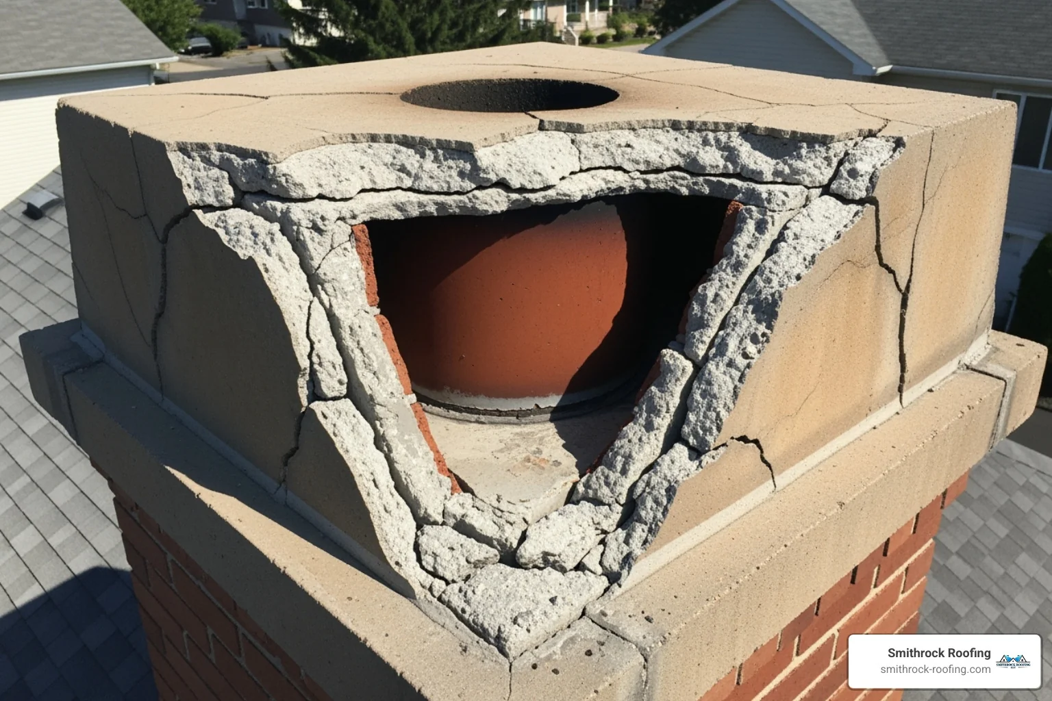 Cracked chimney crown needing repair before cap installation - how much does it cost for a chimney cap installation Cracked chimney crown needing repair before cap installation - how much does it cost for a chimney cap installation