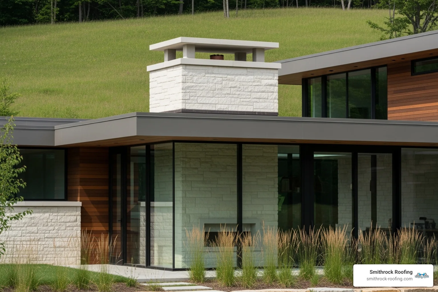 A modern architectural home featuring a prominent limestone chimney cap that complements its clean lines and natural material palette - limestone chimney cap Modern home with clean architectural lines showcasing a natural limestone chimney cap that complements its material palette.