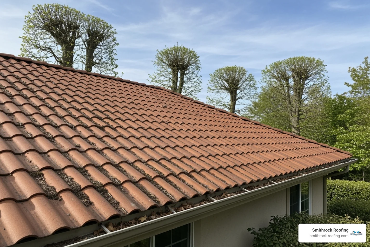 A clean, well-maintained tile roof with clear gutters and trimmed tree branches, demonstrating proactive roof care. - broken roof tile leak A clean, well-maintained tile roof with clear gutters and trimmed tree branches, demonstrating proactive roof care. - broken roof tile leak