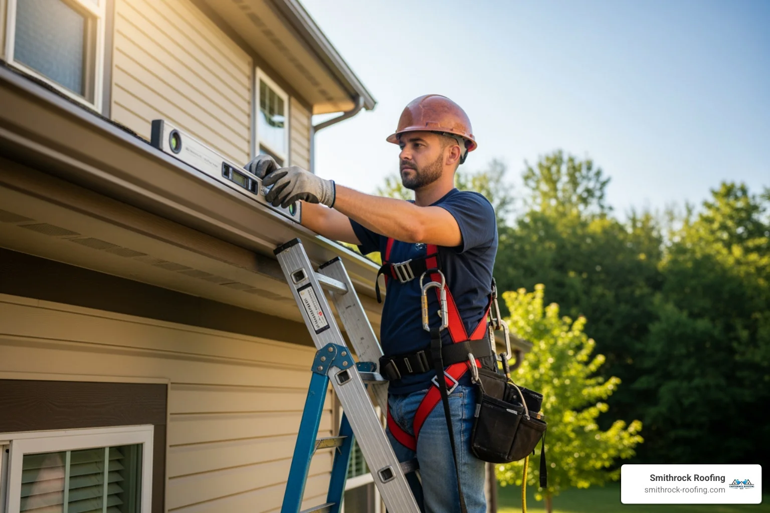 Professional installer ensuring the correct pitch on a seamless gutter - cost of guttering replacement Professional installer ensuring the correct pitch on a seamless gutter - cost of guttering replacement