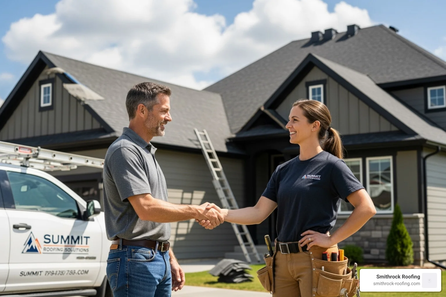Homeowner shaking hands with a professional roofer - roofers with free estimates Homeowner shaking hands with a professional roofer - roofers with free estimates