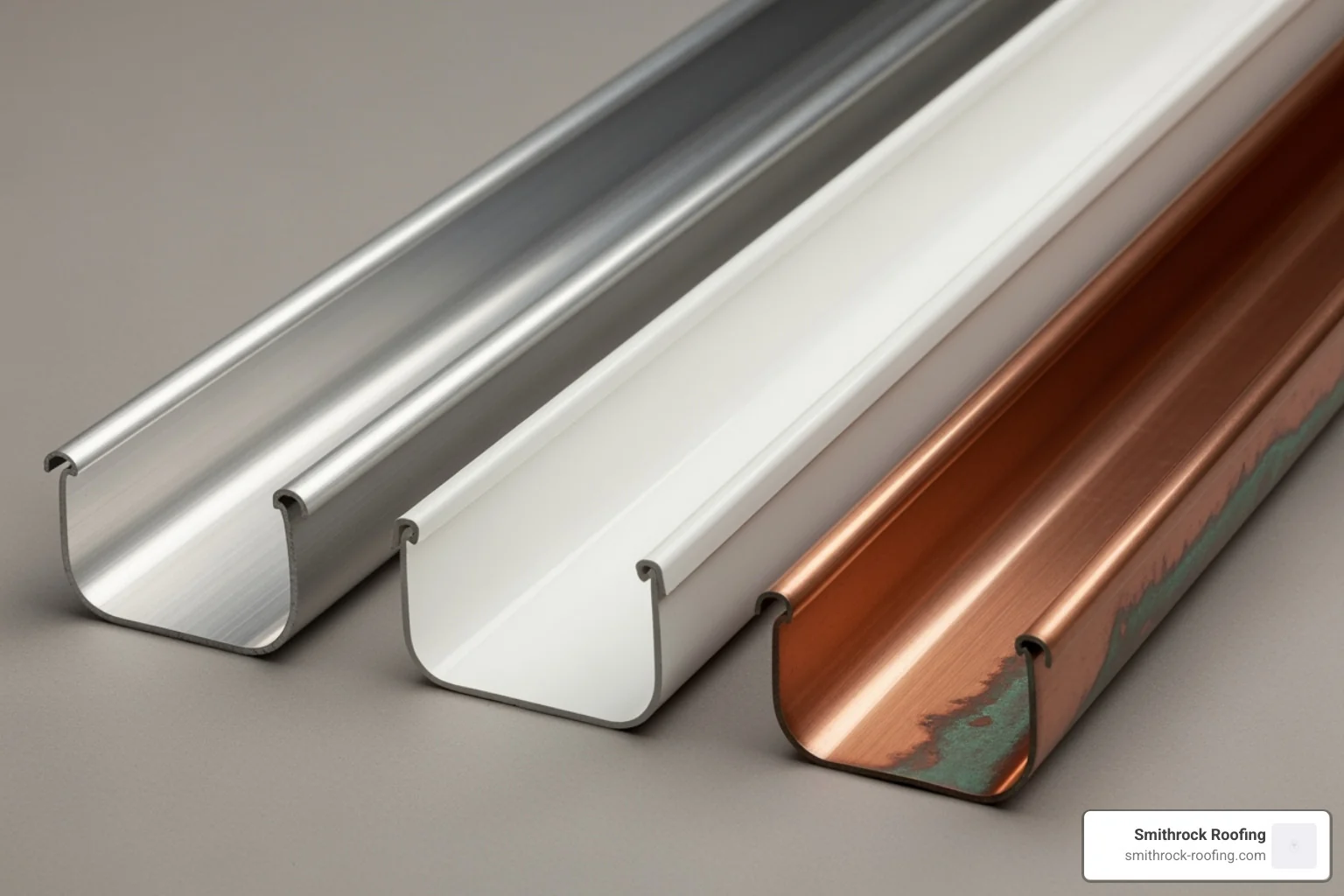 different gutter materials like aluminum, vinyl, and copper side-by-side - gutter and downspout installation different gutter materials like aluminum, vinyl, and copper side-by-side - gutter and downspout installation
