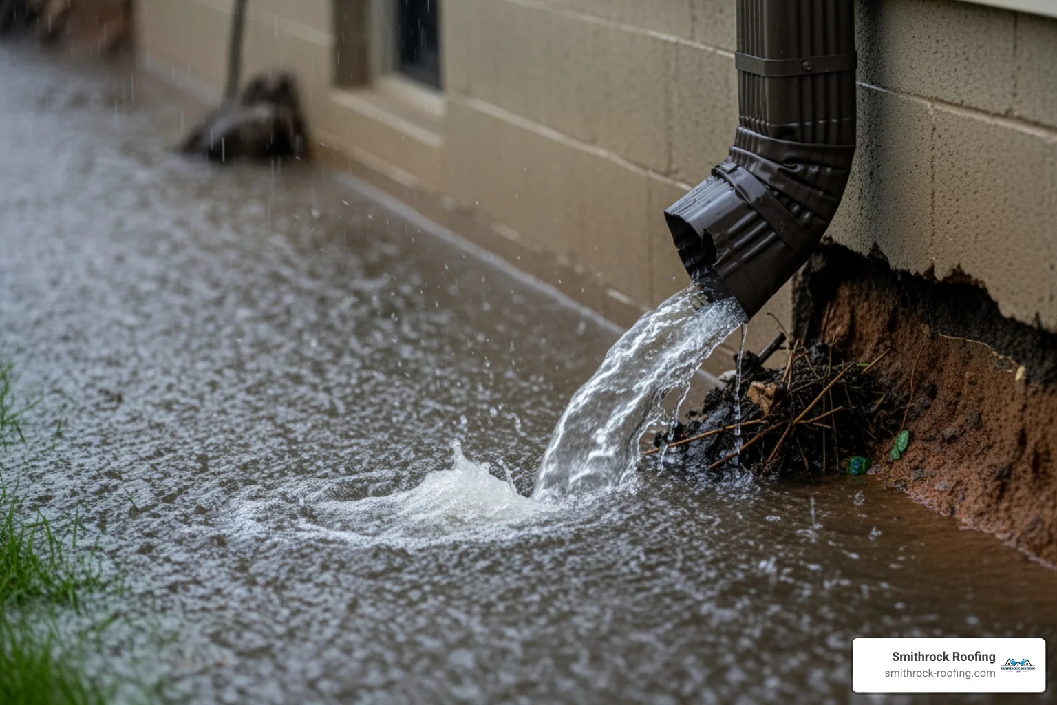 Water pooling near a home foundation due to a disconnected downspout - Gutter downspout repair Water pooling near a home foundation due to a disconnected downspout - Gutter downspout repair