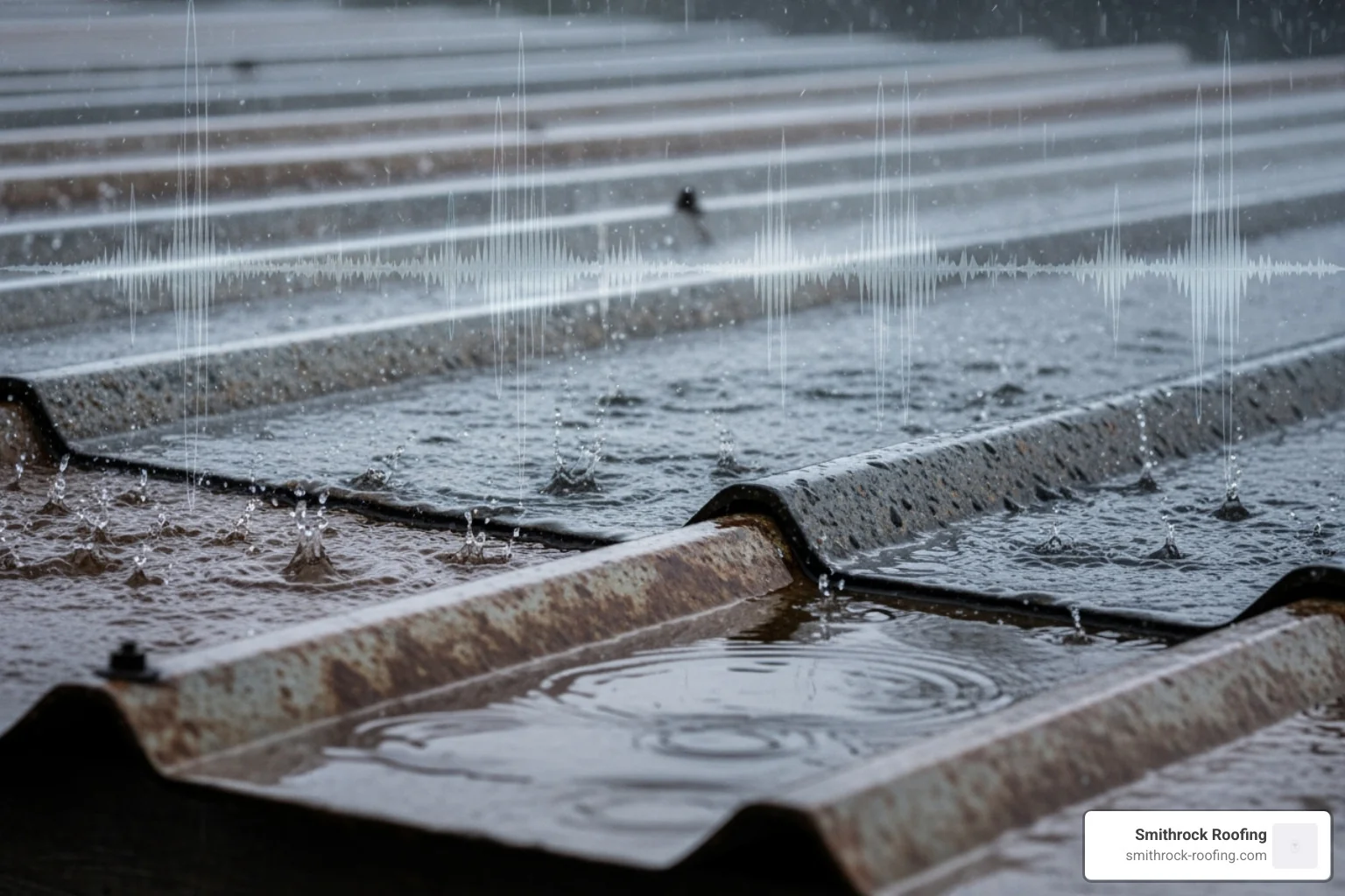 rain on a roof with a sound wave graphic - metal roof cost