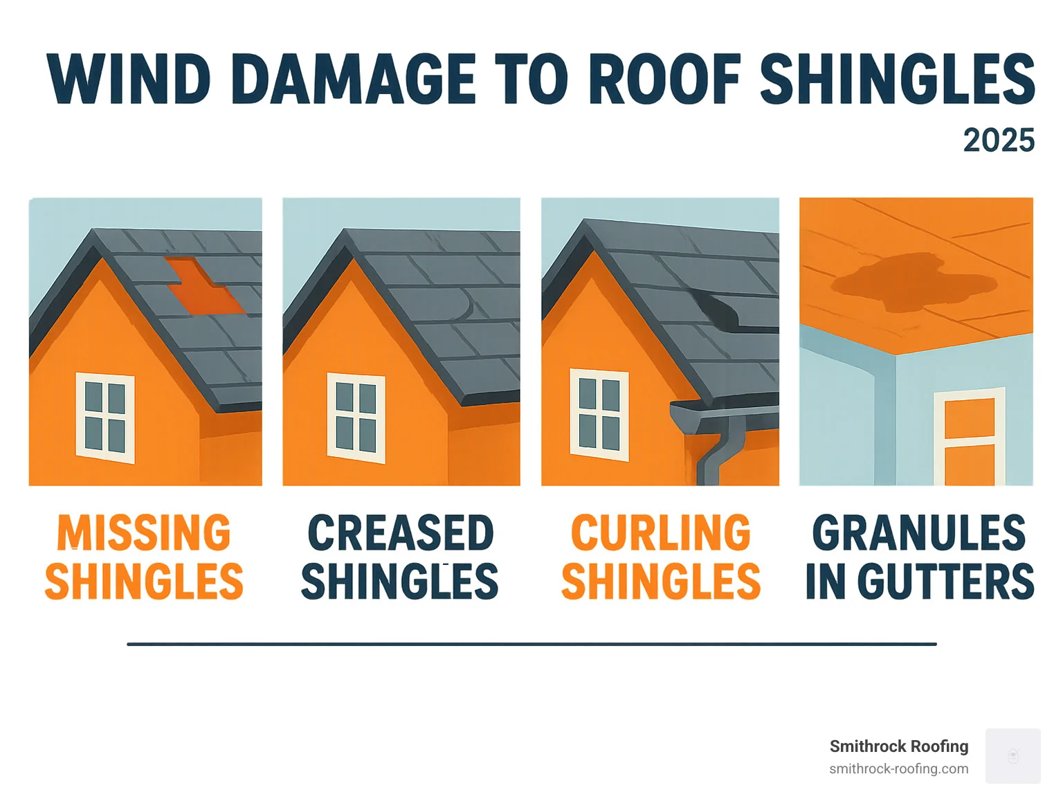 Infographic showing the 5 most common signs of wind damage: missing shingles appearing as gaps in the roof line, creased shingles with visible fold marks, curling shingles with edges lifting away from the roof surface, granules accumulating in gutters and downspouts, and water stains on interior ceilings indicating leaks - wind damage to roof shingles infographic Infographic illustrating 5 signs of wind damage on roof shingles: missing, creased, curling shingles, granule loss, and ceili