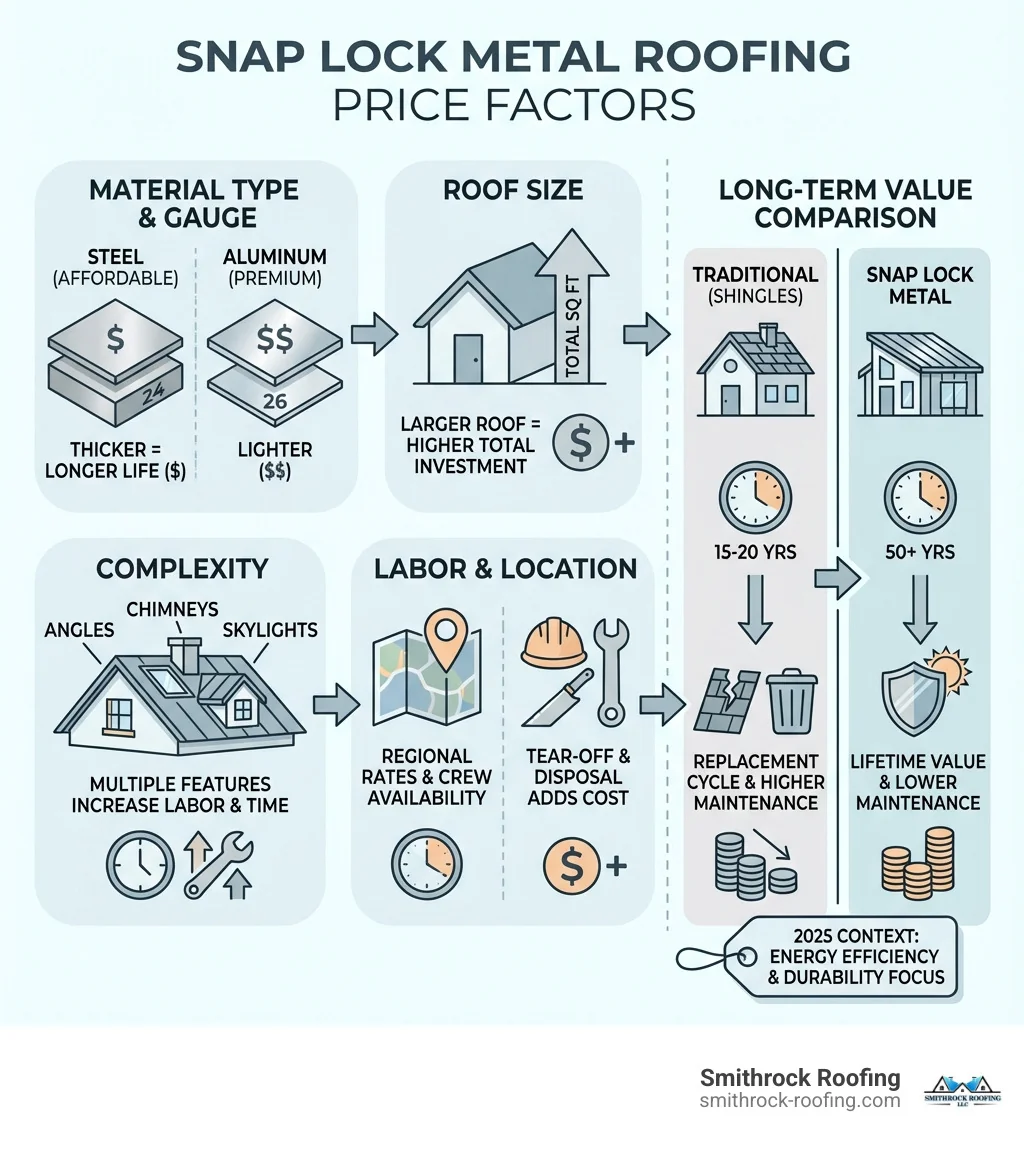infographic showing factors affecting snap lock metal roofing price including material type, roof size, complexity, labor costs, and long-term value comparison with traditional roofing - snap lock metal roofing price infographic Infographic comparing snap lock metal roofing price factors: material, roof size, complexity, labor, and long-term value vs t