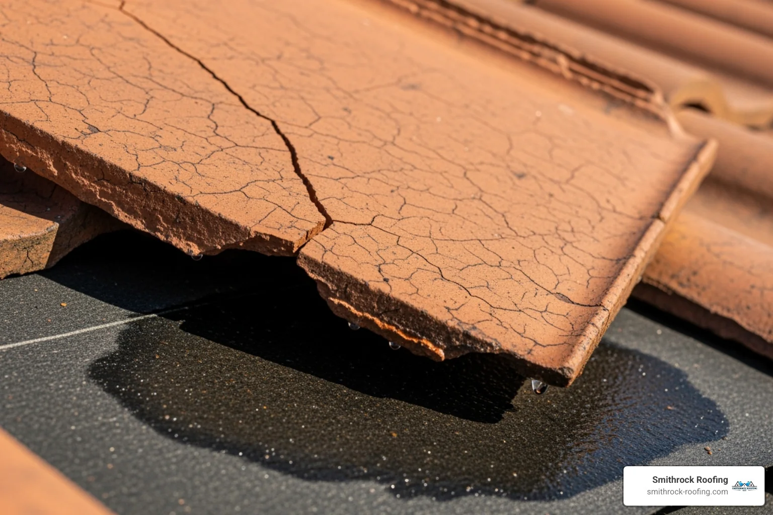 A cracked clay roof tile with visible water damage on the underlayment beneath it, illustrating how a broken tile allows water to penetrate the roof system. - broken roof tile leak Cracked clay roof tile exposing water-damaged underlayment, showing how a broken roof tile leak develops