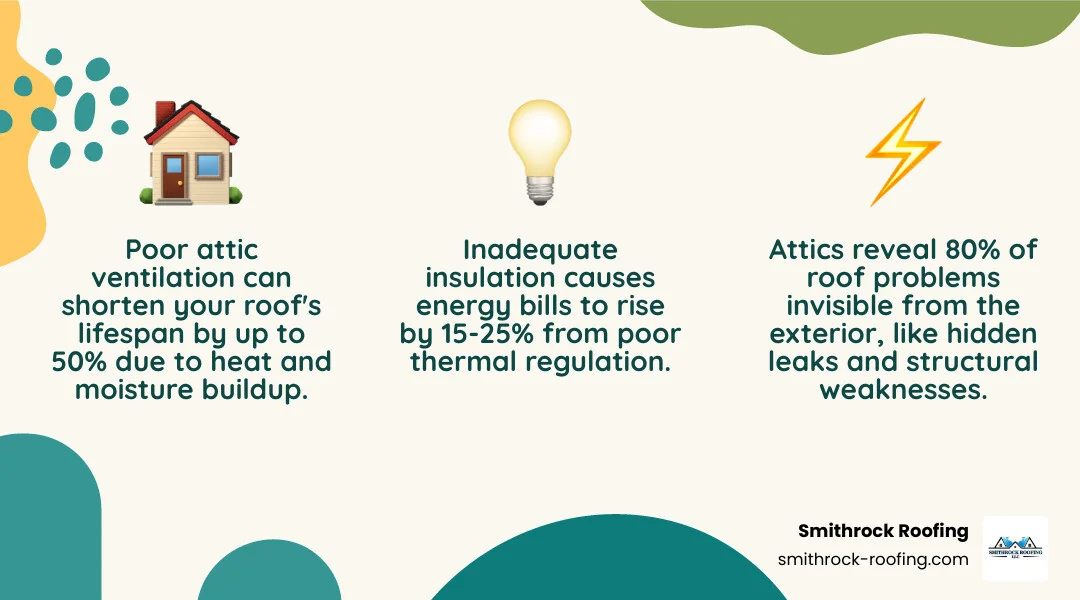 Infographic showing the connection between roof health and attic conditions including ventilation, insulation, and moisture Infographic showing the connection between roof health and attic conditions including ventilation, insulation, and moisture