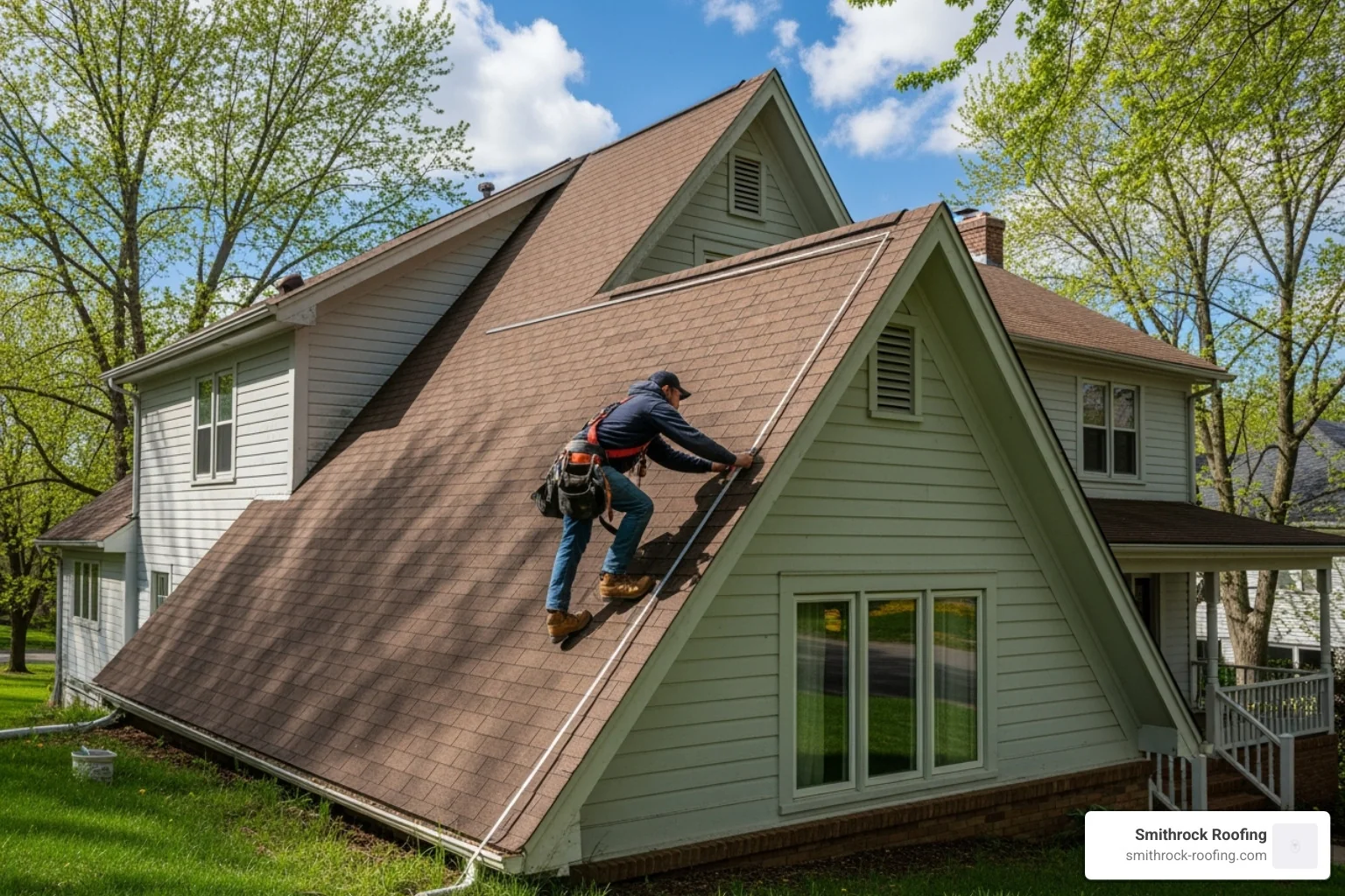roofer measuring a steep-pitched roof - roof repair cost roofer measuring a steep-pitched roof - roof repair cost