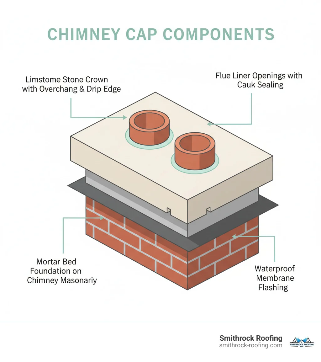 Detailed infographic showing limestone chimney cap components including the stone crown with proper overhang and drip edge, flue liner openings with caulk sealing, waterproof membrane flashing underneath, and mortar bed foundation on top of chimney masonry - limestone chimney cap infographic Limestone chimney cap infographic detailing crown overhang, drip edge, flue liner seals, waterproof flashing, and mortar bed