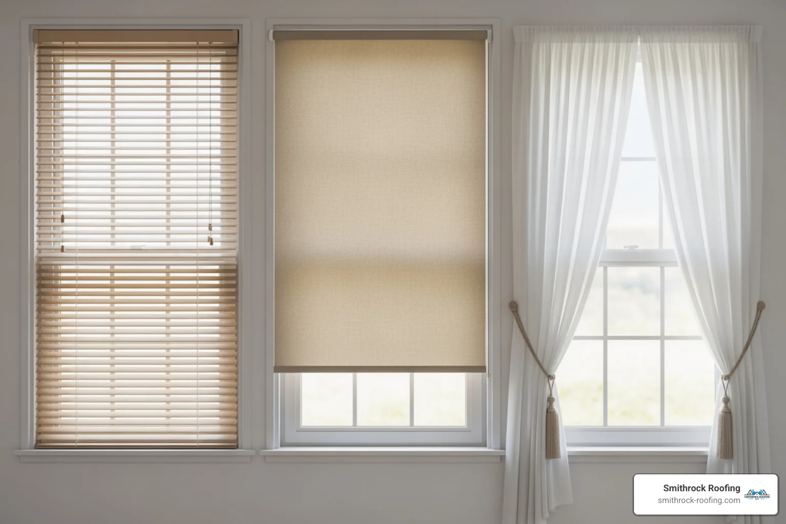 A clear side-by-side visual depiction of three identical windows. The first window shows a slatted blind, the second window features a fabric shade, and the third window displays a flowing curtain - best window blinds Three windows displaying best window blinds options: slatted blind, fabric shade, and flowing curtain side by side.