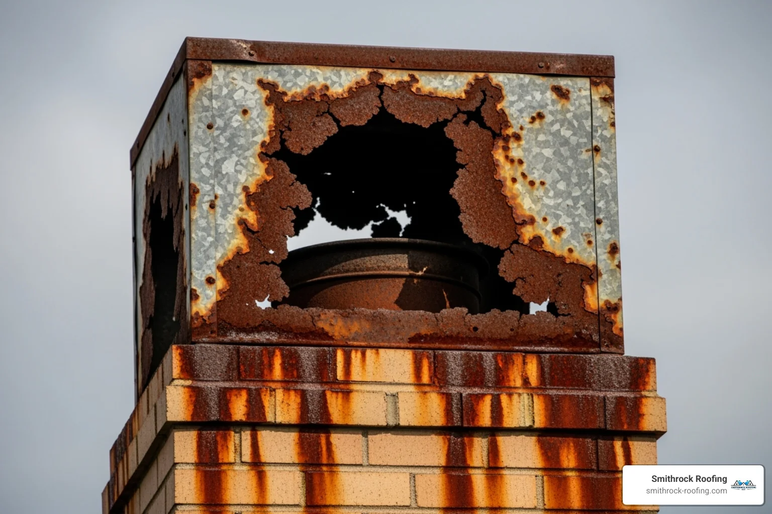 A badly rusted and deteriorating chase cover causing ugly stains down the side of a chimney, illustrating the clear signs of needed replacement - chimney chase cover installation Rusted chimney chase cover with rust stains streaking down the chimney siding, a sign it needs replacement