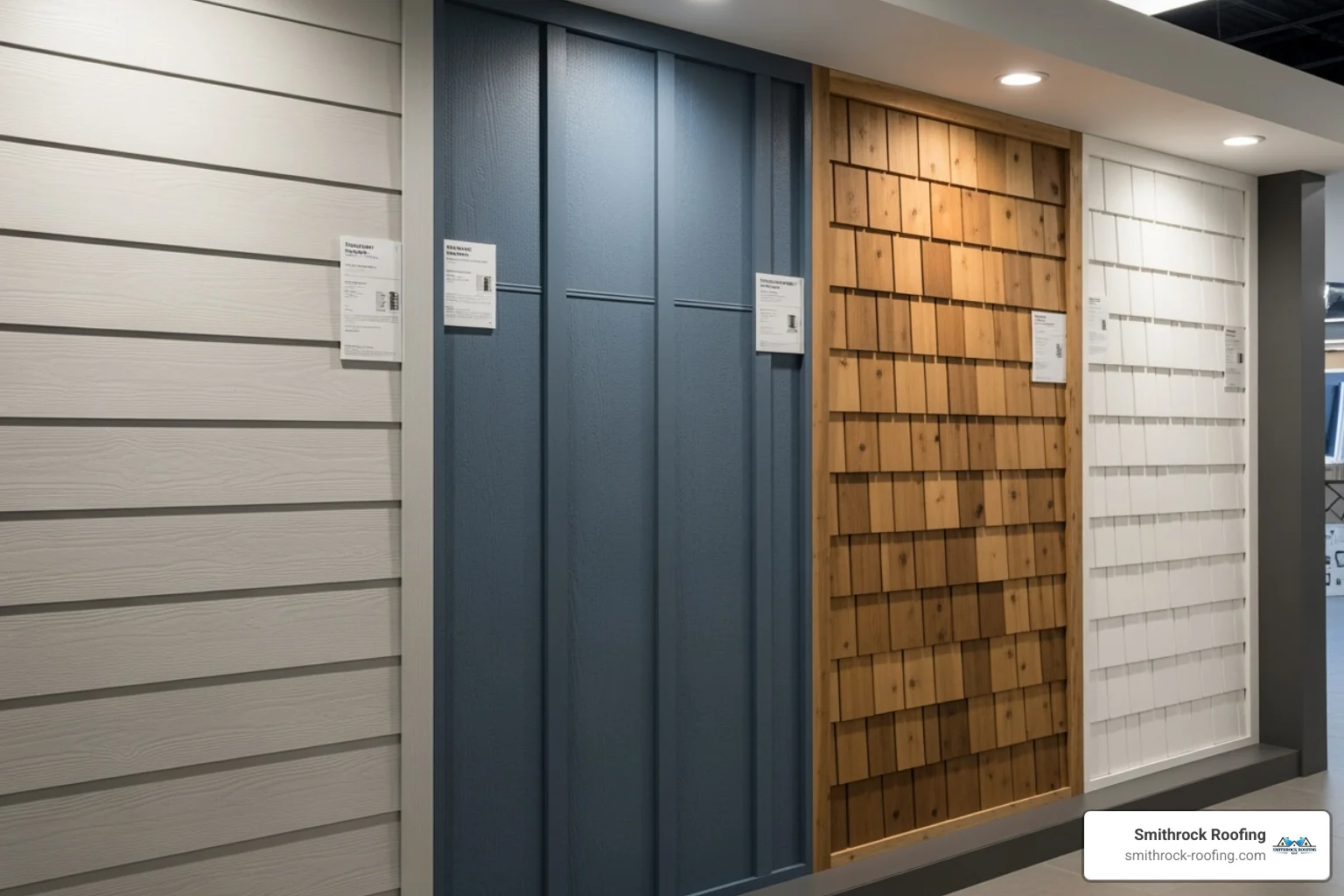 A wall displaying samples of vinyl siding, fiber cement siding, and wood siding, clearly labeled for comparison - siding contractors A wall displaying samples of vinyl siding, fiber cement siding, and wood siding, clearly labeled for comparison - siding contractors