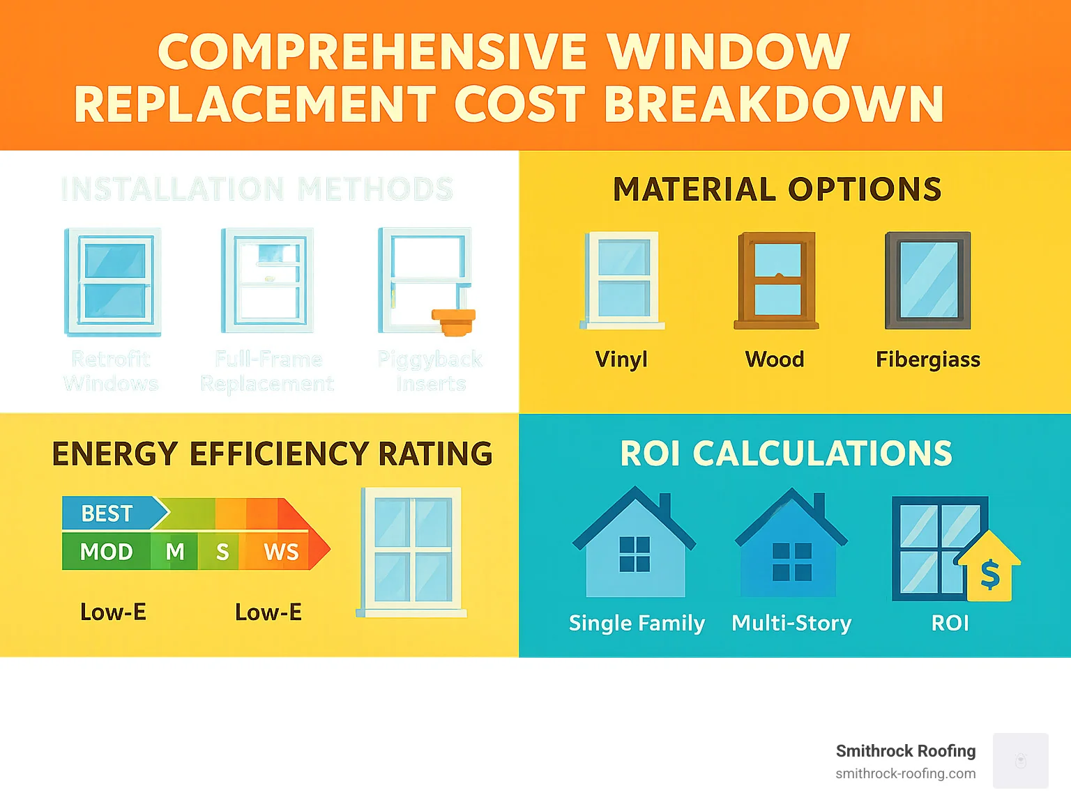Comprehensive window replacement cost breakdown showing installation methods, material options, energy efficiency ratings, and ROI calculations for different home sizes and window types - window replacement infographic Window replacement cost breakdown infographic covering installation, materials, energy ratings, and ROI by home size and wind