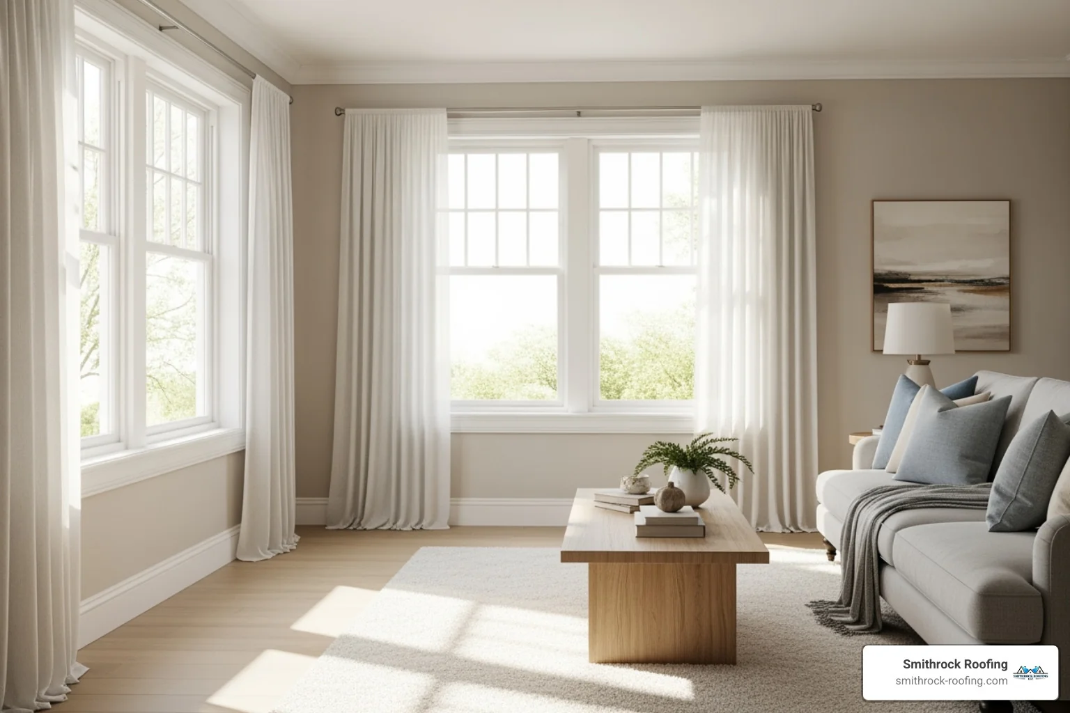 A bright, airy living room featuring newly installed, energy-efficient double-hung sash windows that perfectly blend with the interior decor, allowing ample natural light to flood the space. - sash window costs Bright living room with energy-efficient double-hung sash windows flooding the space with natural light.